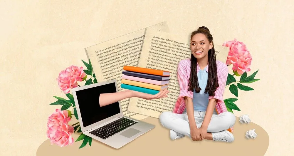 Studentessa sorridente con libri e computer portatile, simbolo delle prove INVALSI 2025 e delle competenze digitali nella scuola italiana.