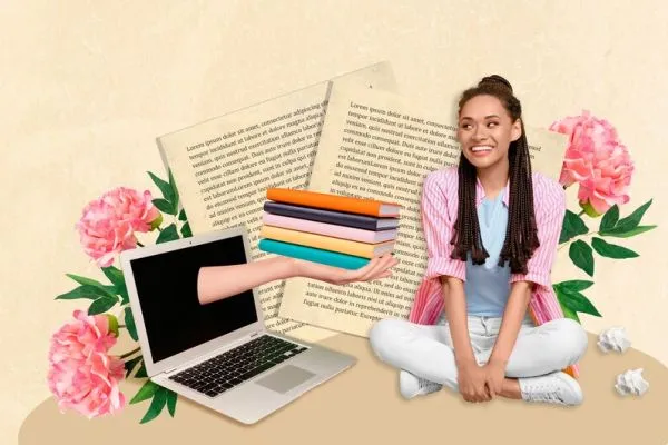 Studentessa sorridente con libri e computer portatile, simbolo delle prove INVALSI 2025 e delle competenze digitali nella scuola italiana.