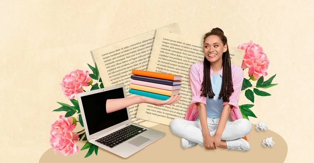 Studentessa tra libri, computer e testi per lo studio del latino nella scuola secondaria di primo grado