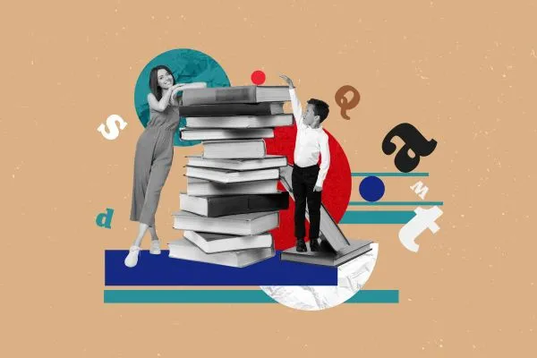 Composizione grafica di libri insegnati ed alunni