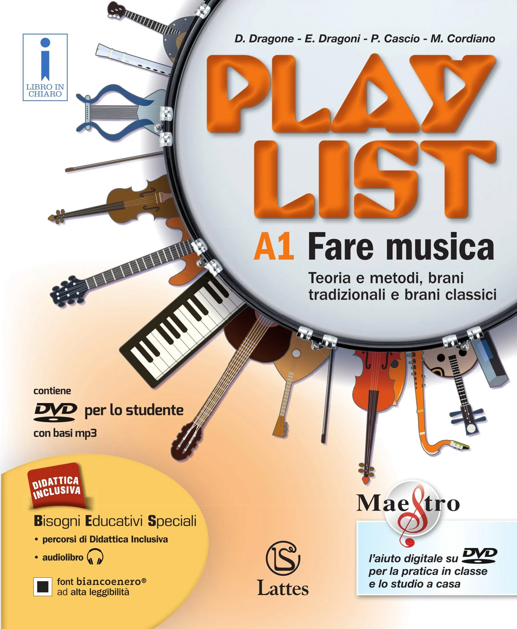 <h1><strong>Playlist</strong></h1>
<h2>D. DRAGONE, E. DRAGONI, P. CASCIO, M. CORDIANO</h2>
<img src="/images/playlist-1.jpg" alt="Copertina Playlist">
<a href="https://www.latteseditori.it/images/inchiaro-bollino-pdf/2023/Playlist.pdf"><img src="/images/libroinchiaro.png" alt="Bollino Libro in chiaro"></a>
<p>
    <a href="https://teachbox.latteseditori.it/copie-saggio/saggi-cartacei">RICHIEDI LA COPIA SAGGIO!</a>
</p>
<h3>Contenuto:
</h3>
<ul>
        <li>

        
<h3>Caratteristiche generali</h3>


<div><p>Il corso si articola in <strong>tre volumi</strong>, uno dedicato all’ascolto, gli altri due dedicati alla produzione musicale. Il volume dedicato <strong>all’ascolto</strong> (<strong>Ascoltare</strong>) presenta:</p>
<ul>
<li>una sezione relativa all’analisi degli strumenti musicali, non solo dell’orchestra, corredata di ascolti;</li>
<li>una sezione dedicata alla storia della musica, anch’essa corredata di ascolti, divisa in tre percorsi: Correnti e stili, Forme e generi, Autori;</li>
<li>una sezione dedicata agli altri linguaggi musicali: etnica, jazz e leggera.</li>
</ul>
<p>I volumi dedicati alla <strong>produzione musicale</strong> (<strong><em>Fare musica</em></strong>) si articolano così:</p>
<ul>
<li>Una sezione di <strong>Teoria e metodi</strong>, fuse insieme: in questo modo l’alunno segue un percorso già impostato, nel quale le nozioni teoriche si fondono con la pratica strumentale; gli strumenti presentati sono il flauto soprano (quello tradizionalmente in uso nella maggior parte delle scuole italiane), il flauto contralto (leggermente più grande, ma ugualmente economico e facile da suonare), la chitarra, la tastiera e il metallofono. </li>
<li>L’antologia di brani da suonare (<em><strong>Suoniamo insieme</strong></em>), divisa per generi (tradizionali, classici, natalizi, inni nazionali, colonne sonore, canzoni) e graduata per difficoltà, che consente di procedere in modo parallelo al metodo;</li>
<li>Una piccola antologia di brani da cantare (<strong><em>Cantiamo insieme</em></strong>), tutti a due voci: canoni, tradizionali, classici e canzoni.</li>
</ul>
<p>Completa il corso una grande tavola fuori testo con le note (su flauto e metallofono) e gli accordi più comuni (su chitarra e tastiera).</p></div>


    </li>
        <li>

        
<h3>Competenze</h3>


<div><p>I volumi dedicati alla produzione musicale (<strong>Fare musica</strong>) sono strutturati per la<span> </span><strong>costruzione delle competenze</strong>.</p>
<ul>
<li>Ogni unità dei<strong><span> </span>Metodi</strong><span> </span>e di<span> </span><strong>Storia della musica</strong><span> </span>si conclude con una<span> </span><strong>verifica sulla competenze</strong>;</li>
<li><strong>9 prove di competenza</strong><span> </span>presenti nella<strong><span> </span>guida.</strong></li>
</ul></div>


    </li>
        <li>

        
<h3>Didattica inclusiva</h3>


<div><p><span>Ogni spartito, è scritto su un</span><strong><span> </span>doppio rigo</strong><span>: un pentagramma destinato ad essere suonato dal flauto o da qualunque altro strumento (tastiera o chitarra), e un rigo singolo, destinato ad essere suonato dal metallofono, sul quale la nota viene segnata come semplice battito, con il nome esplicitato in lettere.</span><br /><span>Questo tipo di scrittura consente a tutti gli alunni, sia a chi ha problemi di lettura, come i DSA, sia a chi ha altri tipi di difficoltà, di suonare lo stesso brano che sta suonando tutto il gruppo classe.</span></p></div>


    </li>
        <li>

        
<h3>Il digitale</h3>


<div><p>Questo libro nella<span> </span><strong>versione mista carta + digitale</strong><span> </span>(<em>tipo b</em>) è dotato di un<span> </span><strong>extraBOOK</strong>, utilizzabile anche sulla L.I.M. e sul tablet, che contiene le risorse multimediali associate al libro (Contenuti Digitali Integrativi).</p>
<p>Il corso è affiancato da 2 dvd extrabook e il dvd<span> </span><em><strong>Maestro</strong></em>: si tratta di un percorso multimediale sui saperi di base, con tutti i fondamentali step della teoria musicale e corredato di un tutor digitale per suonare in classe, e soprattutto a casa, grazie alle funzioni di spartito/karaoke e di rilevazione audio degli errori.</p>
<p>Inoltre sul <strong>TeachBox</strong>, sono presenti ulteriori contenuti digitali dedicati al Docente. </p>
<p></p></div>


    </li>
        <li>

        
<h3>Per il docente</h3>


<div><ul>
<li><strong>Novità 2017!</strong><span> </span>Un nuovo volume per il docente, che contiene circa 30 spartiti polifonici (non solo a due voci), da utilizzare in classe.</li>
<li>Le basi di tutti i brani, fornite in formato audio all’insegnante, e in midi e mp3 on line per l’alunno.</li>
<li>Una<strong><span> </span>Guida</strong><span> </span>che contiene proposte di programmazione in funzione della valutazione delle competenze; test d’ingresso e verifiche fila A e fila B; verifiche compensative; le soluzioni di tutti gli esercizi del volume di Ascolto e di tutte le verifiche della guida; ulteriori brani da suonare e da cantare</li>
<li></li>
</ul></div>


    </li>
    </ul>
<h3>Configurazioni di vendita:</h3>
<div><p>A1 - Fare musica con DVD-Rom + A2 - Fare musica (pp. 192) + B - Ascoltare con DVD-Rom (pp. 324) + Note e accordi </p></div>
<div>

    




<div> ISBN 978-88-6917-034-8</div>

<p>€ 37,20</p>



</div>
<div><p>B - Ascoltare con DVD-audio (pp. 324)</p></div>
<div>

    




<div>ISBN 978-88-6917-060-7</div>

<p>€ 15,50</p>



</div>
<div><p>A1 - Fare musica con DVD-Rom (pp. 264) + A2 - Fare musica (pp. 192) + Note e accordi</p></div>
<div>

    




<div>ISBN 978-88-6917-059-1</div>

<p>€ 21,50</p>



</div>
<div><p>#Musica - Percorsi facilitati</p></div>
<div>

    




<div>ISBN 978-88-6917-633-3</div>

<p>€ 12,00</p>



</div>
<h3>Libro digitale:</h3>
<h4>Questa versione non comprende il libro cartaceo</h4>
<div><p>A1 - Fare musica con DVD-Rom + A2 - Fare musica (pp. 192) + B - Ascoltare con DVD-Rom (pp. 324) + Note e accordi </p></div>
<div>

    




<div>ISBN 978-88-6917-035-5</div>

<p>€ 31,62</p>



</div>
<p>
    <a href="https://store.bsmart.it/it/IT/products/playlist-vol-a1-vol-a2-vol-b-note-e-accordi">Acquista su bSmart</a>
</p>
<div><p>#Musica - Percorsi facilitati di Storia della Musica</p></div>
<div>

    




<div>ISBN 978-88-6917-636-4</div>

<p>€ 10,20</p>



</div>
<p>
    <a href="https://store.bsmart.it/it/IT/products/musica-percorsi-facilitati-di-storia-della-musica">Acquista su bSmart</a>
</p>
<p>
    <a href="https://web.latteseditori.it/formazione-lista-corsi/categoria/webinar-gratuiti/">SCOPRI I NOSTRI WEBINAR!</a>
</p>