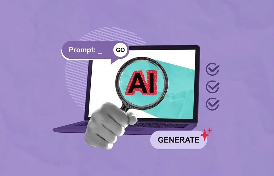 Illustrazione di un laptop con la scritta “AI” sullo schermo, osservata attraverso una lente di ingrandimento, con elementi grafici legati alla generazione di contenuti e prompt.