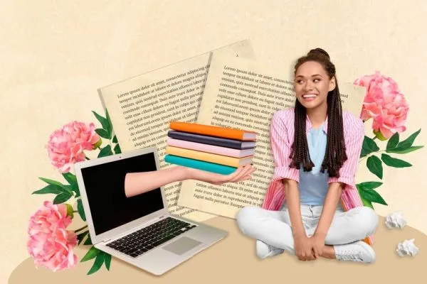 Studentessa tra libri, computer e testi per lo studio del latino nella scuola secondaria di primo grado