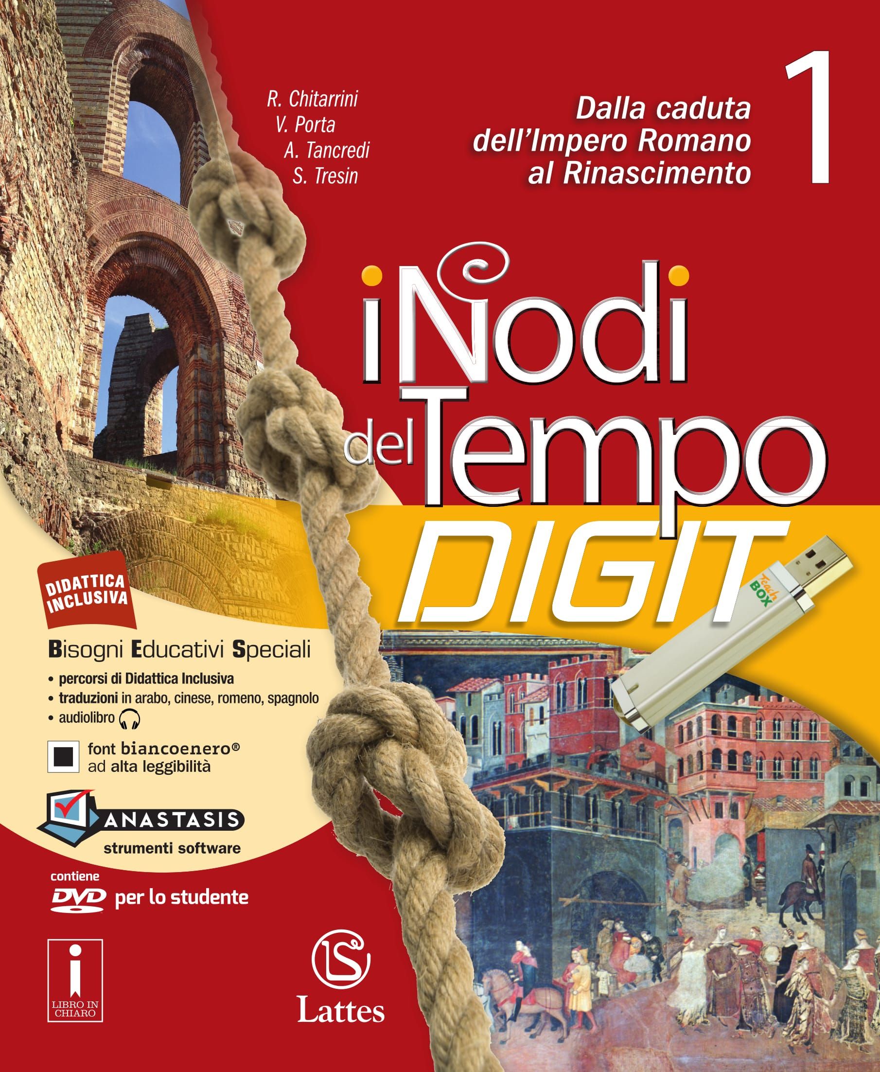 <h1><strong>I nodi del tempo Digit</strong></h1>
<h2>R. CHITARRINI – V. PORTA – A. TANCREDI – S. TRESIN</h2>
<img src="/images/nodi-del-tempo-digit-1.jpg" alt="Copertina del libro I nodi del tempo Digit">
<a href="https://st.latteseditori.lattes.app/images/inchiaro-bollino-pdf/2023/nodi_digit.pdf"><img src="/images/libroinchiaro.png" alt="Libro in chiaro"></a>
<p>
    <a href="https://teachbox.latteseditori.it/copie-saggio/saggi-cartacei">RICHIEDI LA COPIA SAGGIO!</a>
</p>
<h3>Contenuto:
</h3>
<ul>
        <li>

        
<h3>Caratteristiche generali</h3>


<div><p><span>Il corso è articolato in</span><strong><span> </span>Parti</strong><span> suddivise in </span><strong>Unità</strong><span>. In apertura di ogni Parte vengono declinati: i </span><strong>Contenuti Digitali Integrativi</strong><span>, le attività dedicate ai </span><strong>Bisogni Educativi Speciali</strong><span>, presenti sia dentro il libro (Didattica inclusiva) sia in volumi a parte (Didattica compensativa), e gli </span><strong>Obiettivi Didattici</strong><span> soddisfatti dall’Unità stessa. Segue una doppia pagina introduttiva all’intera Parte e pensata in chiave di Didattica Inclusiva. Tale doppia pagina è completata dallo Scenario degli eventi: una carta geostorica, commentata, presente nel fascicolo di Carte storiche allegato a ciascun volume. Le varie Unità si aprono tutte con una ulteriore carta geostorica e una linea del tempo più dettagliata. Il narrato storico, scandito in paragrafi, è accompagnato da un colonnino di Studio guidato, anch’esso realizzato in chiave di Didattica inclusiva. Ogni Unità si conclude con una Mappa attiva, che lo studente deve parzialmente completare. Segue la Verifica dei contenuti, articolata secondo gli Obiettivi Didattici indicati dalle Nuove Indicazioni Nazionali.  Infine ogni Parte del corso si conclude con una sezione dedicata alla costruzione dei saperi di base e pensata come aiuto per lo studio a casa, come evidenziato dal logo “Studio con te”. Tale sezione, intitolata</span><strong><span> </span>COSTRUISCO… I SAPERI DI BASE</strong><span>, è pensata sempre in chiave di didattica inclusiva e scritta interamente in carattere ad alta leggibilità. La sezione si conclude con indicazioni per la creazione e l’utilizzo di una mappa concettuale, utile strumento per la memorizzazione e la preparazione dell’esposizione orale.</span></p></div>


    </li>
        <li>

        
<h3>Competenze</h3>


<div><p>Il <strong>Quaderno delle competenze</strong>, che vede sezioni teoriche dedicate alla costruzione delle Competenze affiancate da esercitazioni pratiche, è stato ulteriormente arricchito da nuove sezioni:</p>
<ul>
<li>Esercizi di potenziamento</li>
<li>Compiti di realtà</li>
<li>Prove di competenza</li>
</ul></div>


    </li>
        <li>

        
<h3>Didattica inclusiva</h3>


<div><p>Il corso presenta una proposta didattica che consente di raggiungere un buon livello di apprendimento anche a studenti con Bisogni Educativi Speciali; offre inoltre aiuti per lo studio a casa, in modo da coinvolgere nel patto educativo tutte le persone che seguono l’alunno nello studio.<br />Il corso è corredato di<span> </span><strong>Tavole fuori testo</strong>, 5 per ogni anno, dedicate agli argomenti fondamentali. Queste tavole costituiscono un efficace strumento<span> </span><strong>di didattica inclusiva</strong><span> </span><strong>e un valido aiuto per lo studio a casa</strong>. A partire dall’Osservazione della tavola e attraverso la lettura del testo che la accompagna, viene guidata l’organizzazione del pensiero e dei contenuti, anche grazie all’acquisizione del lessico specifico. Una mappa concettuale aiuta alla preparazione dell’Esposizione orale. Una pagina, contrassegnata dal logo “Studio con te”, guida la persona che segue lo studente nello studio, nel far approfondire il tema attraverso le pagine cartacee e digitali del libro di testo.</p>
<p><strong>AGGIORNAMENTO ANASTASIS PER WINDOWS 10</strong><br />È stato rilasciato dalla <strong>Cooperativa Anastasis</strong> l'aggiornamento che rende compatibili i software abbinati ai testi Lattes con l'ultima versione di <strong>Windows 10</strong>.</p>
<p><img src="https://www.latteseditori.it/images/logo-Anastasis.png" alt="logo Anastasis" width="200px" data-cmp-info="10" /><br /><a href="http://download.anastasis.it/assistenza/FixLattes.exe" data-cmp-ab="2">Clicca qui per scaricare l'aggiornamento.</a></p></div>


    </li>
        <li>

        
<h3>Il digitale</h3>


<div><p><strong>I Contenuti Digitali Integrativi</strong><span> </span>sono presenti sia sulla piattaforma bSmart sia sul DVD (per il docente e per ogni alunno) contente:</p>
<ul>
<li>lo sfoglialibro interattivo;</li>
<li>versione audio di tutti i paragrafi delle Unità e dei Saperi di base;</li>
<li>letture di approfondimento;</li>
<li>lezioni interattive già predisposte per la LIM, con verifica finale;</li>
<li>esercizi interattivi;</li>
<li>mappe attive;</li>
<li>sintesi attive; </li>
<li>audio con scorrimento del testo delle pagine di Didattica Inclusiva;</li>
<li>carte geografiche visualizzabili a livelli;</li>
<li>esercizi di trascinamento dei termini più significativi, relativi a carte tematiche o a tavole illustrate; </li>
<li>brevi documentari; </li>
<li>spezzoni cinematografici;</li>
<li>linea del tempo continua, scorrevole e integrabile con ulteriori date; </li>
<li>il DVD dedicato alla costruzione dei Saperi di base offre ulteriori esercizi interattivi e lo strumento SuperMappe per la creazione di mappe concettuali.</li>
</ul>
<p>Accompagna l’opera<span> </span><strong>“Storica” Grande laboratorio multimediale interattivo per la costruzione delle competenze di Storia,<span> </span></strong>strutturato in 18 periodi.</p>
<p>Questo libro nella<span> </span><strong>versione mista carta + digitale</strong><span> </span>(tipo<span> </span><em>b</em>) è dotato di un<span> </span><strong>extraBOOK</strong>, utilizzabile anche sulla L.I.M. e sul tablet, che contiene le risorse multimediali associate al libro (Contenuti Digitali Integrativi).<br />Inoltre sul<strong> TeachBox,</strong> sono presenti ulteriori contenuti digitali dedicati al Docente.</p></div>


    </li>
        <li>

        
<h3>Per il docente</h3>


<div><p>Una<span> </span><strong>Guida</strong><span> </span>che contiene:</p>
<ul>
<li>la guida alla programmazione;</li>
<li>le verifiche sommative;</li>
<li>le soluzioni di tutti gli esercizi.</li>
</ul></div>


    </li>
        <li>

        
<h3>Metodologie didattiche informative</h3>


<div><p><span>Il corso si segnala per una continua attenzione alla progressiva costruzione delle Competenze, inoltre per l’attenzione al coinvolgimento nel processo educativo di tutti gli studenti del gruppo classe, nell’ottica di una didattica realmente inclusiva.</span></p></div>


    </li>
        <li>

        
<h3>Invalsi</h3>


<div><p><span>Per quanto concerne il lavoro sulle fonti, uno dei brani è sempre accompagnato da un’esercitazione sul modello della Prova Invalsi.</span></p></div>


    </li>
    </ul>
<h3>Configurazioni di vendita:</h3>
<div>

    




<div>TERZO ANNO<br/>ISBN 978-88-6917-161-1</div>

<p>€ 24,50</p>



</div>
<div><ul>
<li>Volume 3 -<em> Il Novecento</em> (pp. 456) con DVD-Rom e con Carte storiche (pp. 12) </li>
<li>Tavole illustrate 3 </li>
<li>Mi preparo per l'interrogazione (pp. 40)</li>
<li>Quaderno delle competenze 3 </li>
</ul></div>
<h4>Percorsi facilitati</h4>
<div>

    




<div>#Storia 1<br/>ISBN 978-88-6917-487-2</div>

<p>€ 5,00</p>



</div>
<div>

    




<div>#Storia 2<br/>ISBN 978-88-6917-488-9</div>

<p>€ 5,00</p>



</div>
<div>

    




<div>#Storia 3<br/>ISBN 978-88-6917-489-6</div>

<p>€ 5,00</p>



</div>
<h3>Libro digitale:</h3>
<h5>Questa versione non comprende il libro cartaceo</h5>
<div>

    




<div>TERZO ANNO<br/>ISBN 978-88-6917-245-8</div>

<p>€ 20,83</p>



</div>
<div><ul>
<li>Volume 3 -<em> Il Novecento</em> (pp. 456) con DVD-Rom e con Carte storiche (pp. 12) </li>
<li>Tavole illustrate 3 </li>
<li>Mi preparo per l'interrogazione (pp. 40)</li>
<li>Quaderno delle competenze 3</li>
</ul></div>
<p>
    <a href="https://store.bsmart.it/it/IT/products/i-nodi-del-tempo-digit-vol-3-carte-storiche-tavole-ill-3-mi-preparo-per-l-interrogazione-quad-comp-3">Acquista su bSmart</a>
</p>
<h4>Percorsi facilitati</h4>
<div>

    




<div>#Storia 1<br/>ISBN 978-88-8042-493-3</div>

<p>€ 4,25</p>



</div>
<div>

    




<div>#Storia 2<br/>ISBN 978-88-8042-494-0</div>

<p>€ 4,25</p>



</div>
<div>

    




<div>#Storia 3<br/>ISBN 978-88-8042-495-7</div>

<p>€ 4,25</p>



</div>
<p>
    <a href="https://web.latteseditori.it/formazione-lista-corsi/categoria/webinar-gratuiti/">SCOPRI I NOSTRI WEBINAR!</a>
</p>